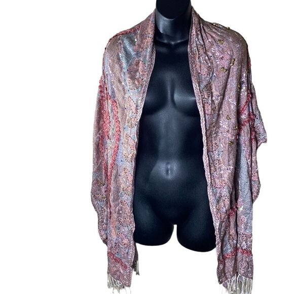 Cynthia rowley bohemian knit fringed beaded sequined textured scarf - Picture 1 of 7